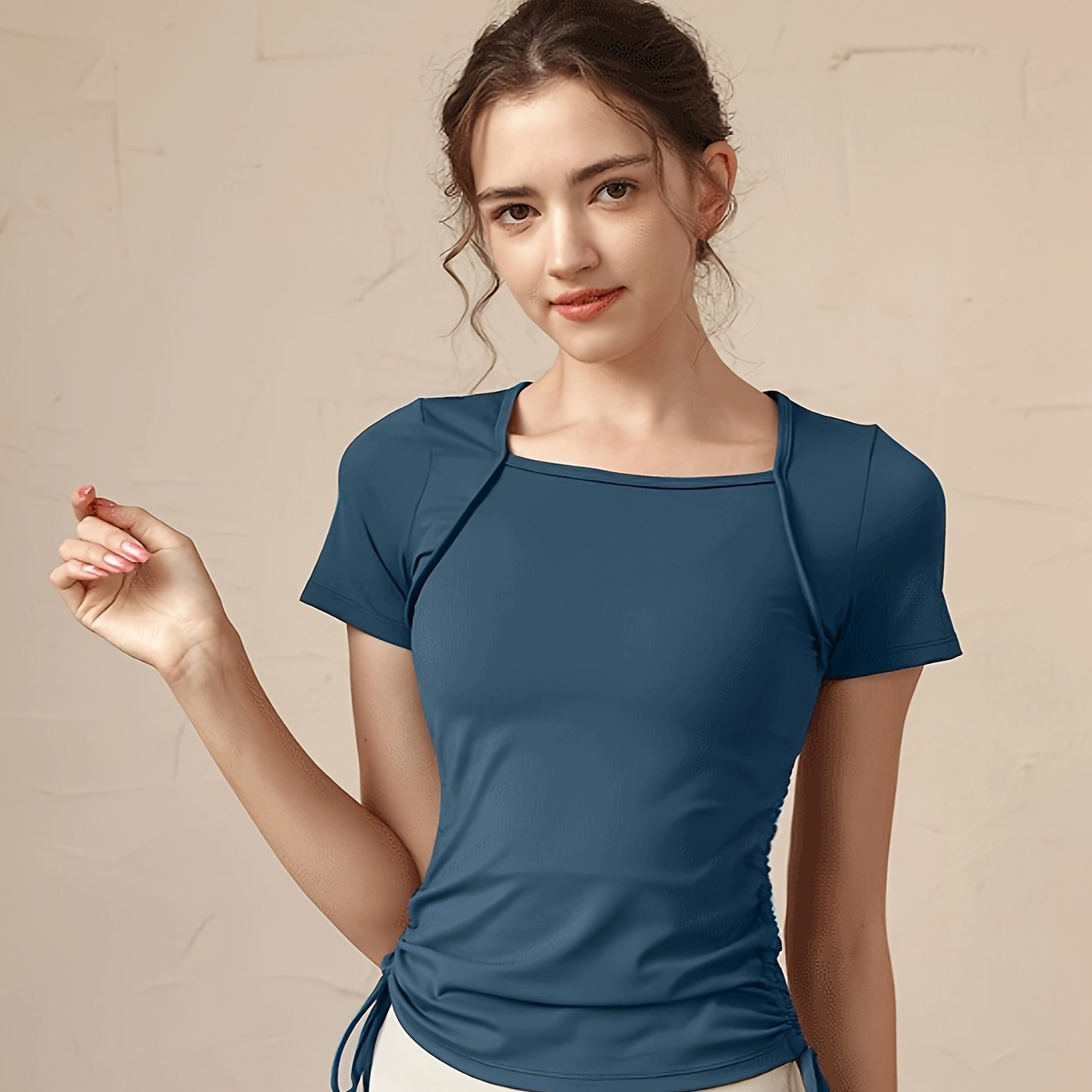 Drawstring Tie Side Yoga Top Short Sleejsonves Slim Fit