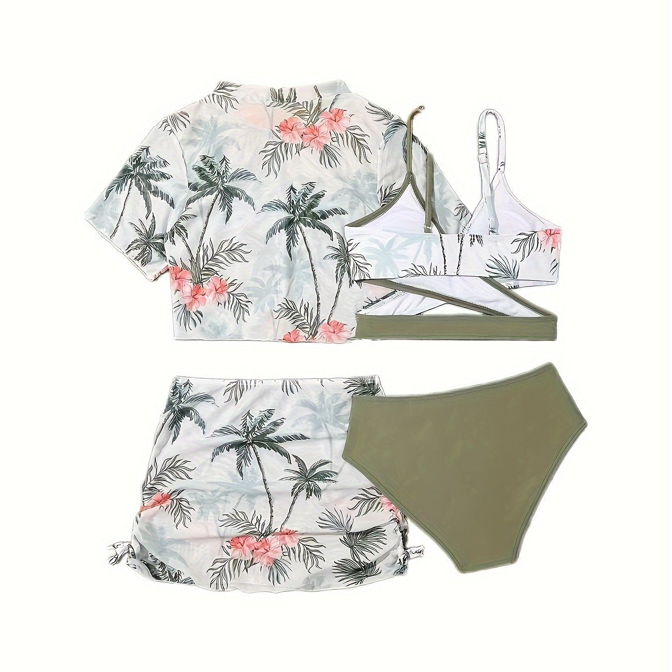 Girls 4pc Flower Graphic Swimsuit Set for Summer Beach