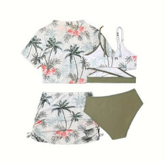 Girls 4pc Flower Graphic Swimsuit Set for Summer Beach