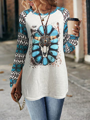 Bull Skull Print Sweatshirt Crew Neck Long Sleeve Casual Women's Clothing