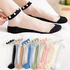 3 Pairs Girls Pearl Edge Glass Silk Crystal Socks Kids Breathable Ankle Socks