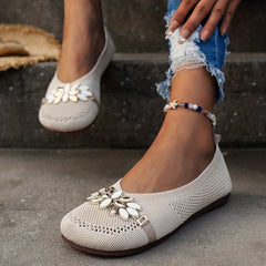 Metal Floral Decor Knit Flat Shoes Soft Sole Slip On Comfort Walking Flats
