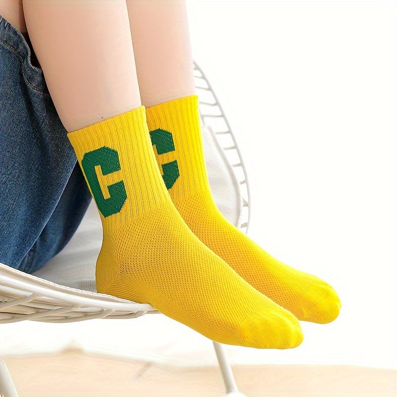 5 Pairs Unisex Kid's Solid Letter Crew Socks Soft Breathable Casual Socks
