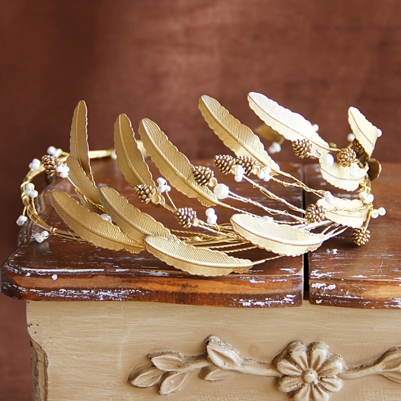 Golden Leaves Wedding Crown Pearl Bridal Crown Golden Headband