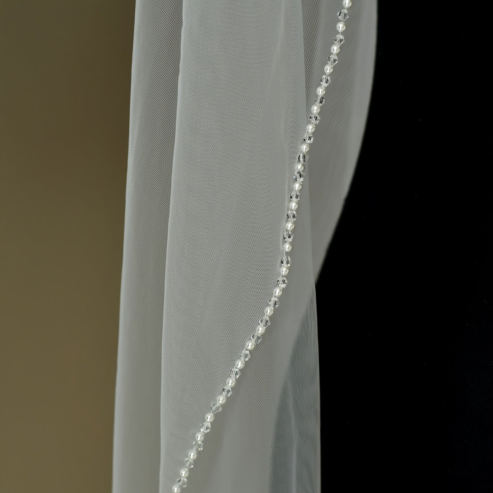 Beaded Bridal Veil Long Finger Length Bridal Gown with Beaded Edges