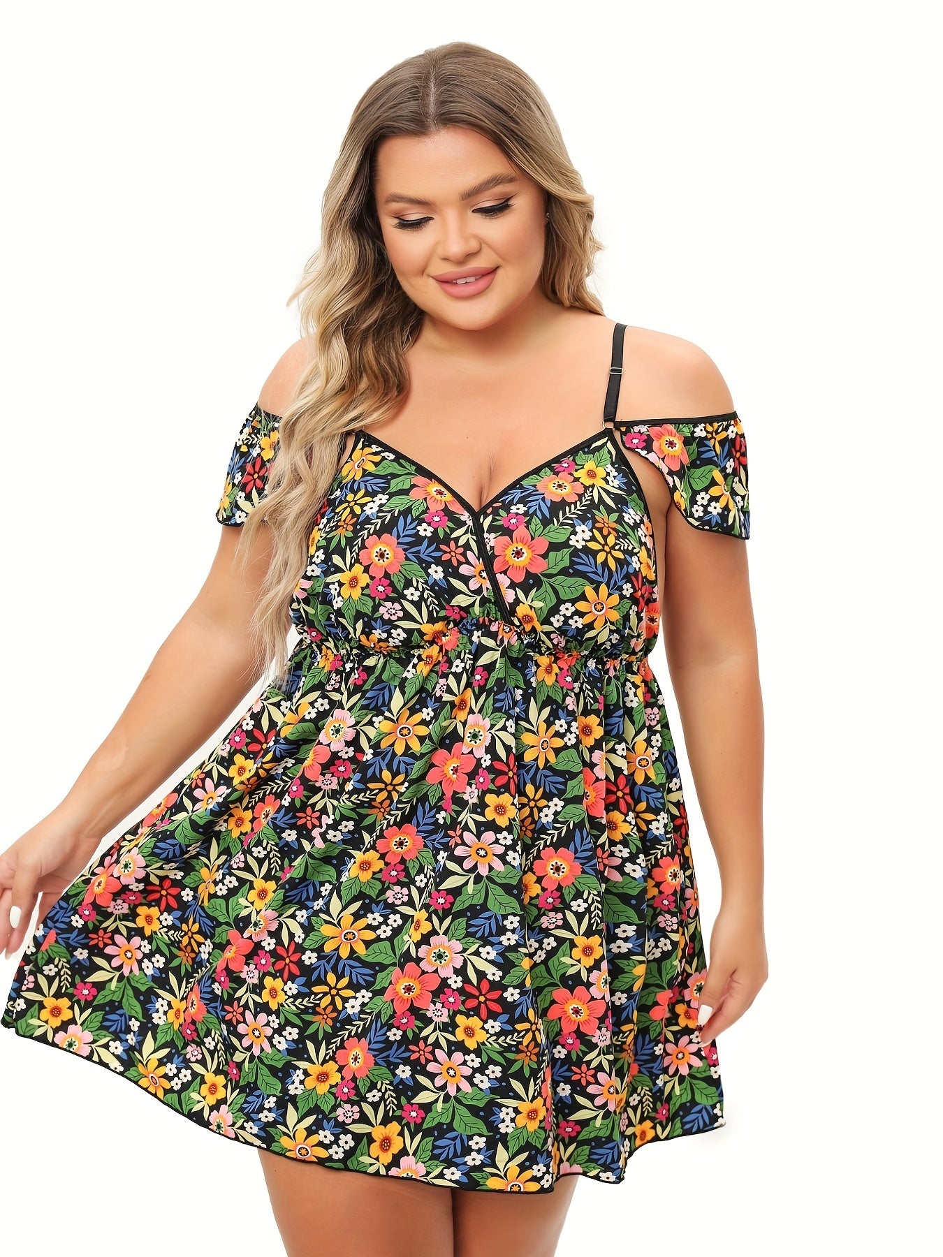 Floral Print Cold Shoulder Ruffle Trim Cami Dress