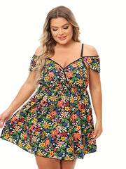 Floral Print Cold Shoulder Ruffle Trim Cami Dress