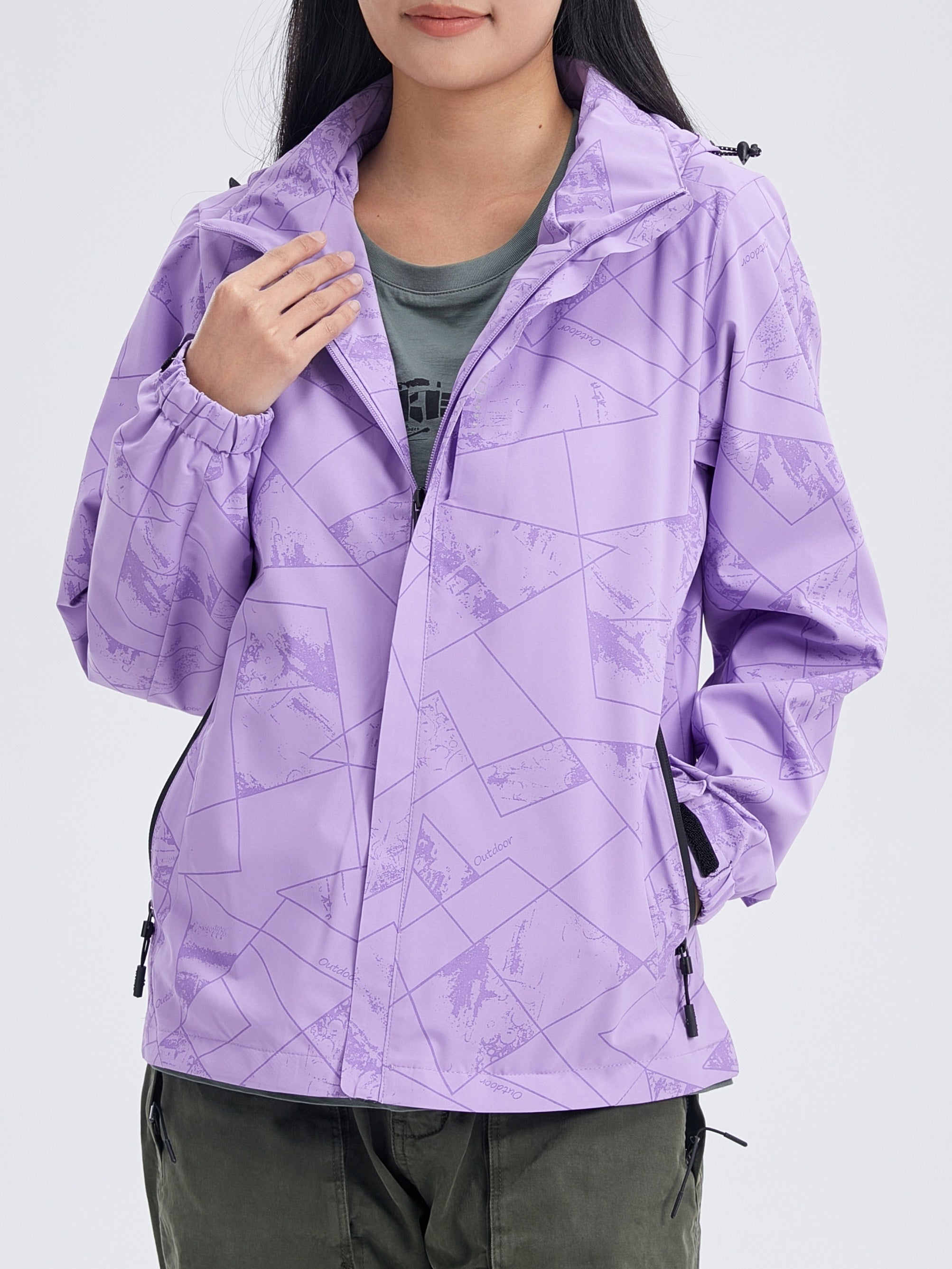 Women's Geometric Pattern Windproof Jacket for Hiking