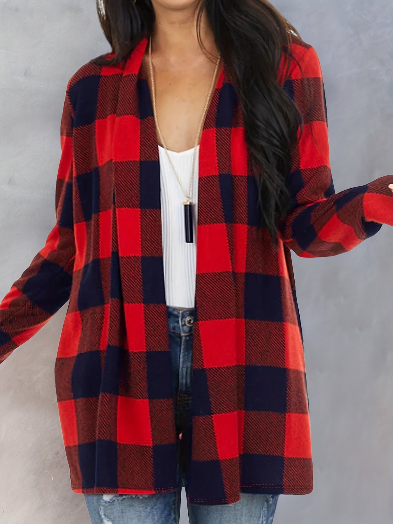 Plaid Print Cardigan Open Front Long Sleeve
