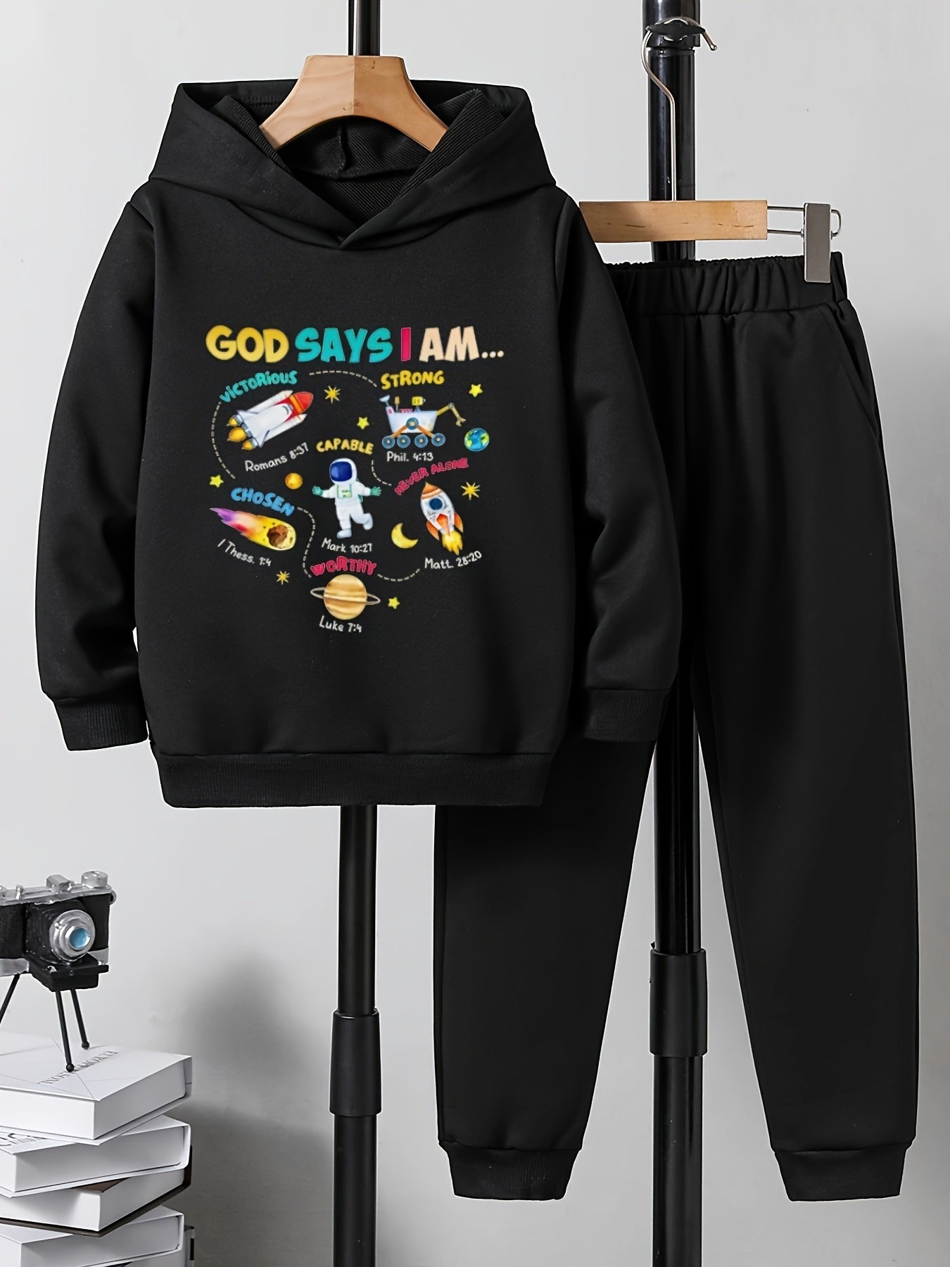 2pcs Astronaut And Planet Print Boys Hoodie Set