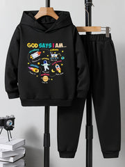 2pcs Astronaut And Planet Print Boys Hoodie Set