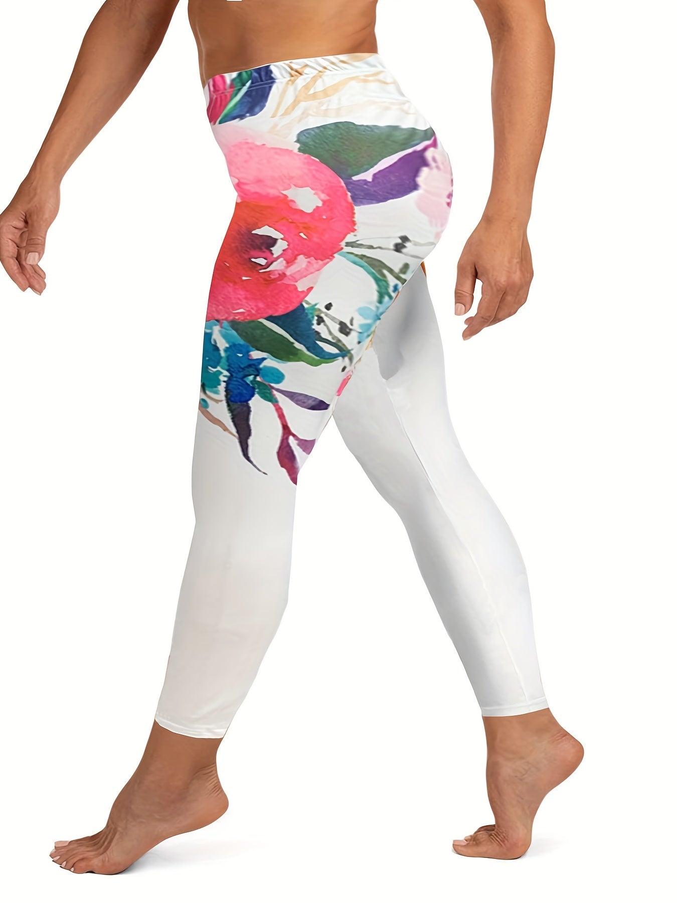 Sporty Leggings Women's Plus Floral Print High Rise Yoga Leggings