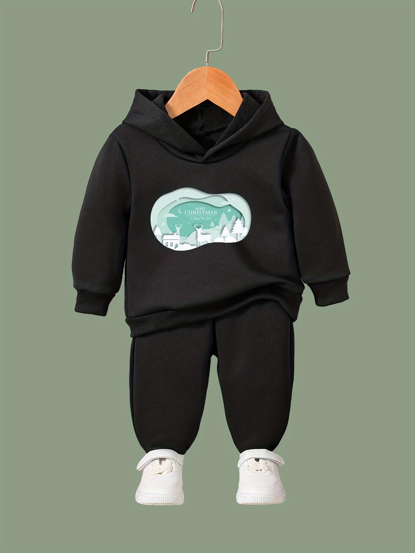 Girls 2pc Cartoon Christmas Scene Hooded Sweatshirt and Sweatpants Set