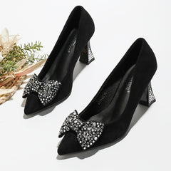 Rhinestone Bow Heels Pointed Toe Slip On Chunky Heels