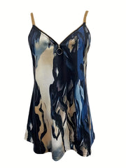 Abstract Print Zipper Cami Top V Neck Sleeveless Top