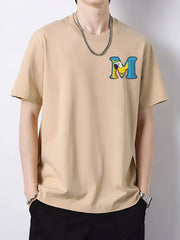 Letter & Parrot Print Men's Cotton Crew Neck T shirt
