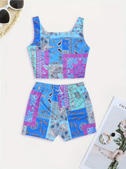Paisley Print Two piece Set Sleeveless Crop Tank Top & Shorts Outfits