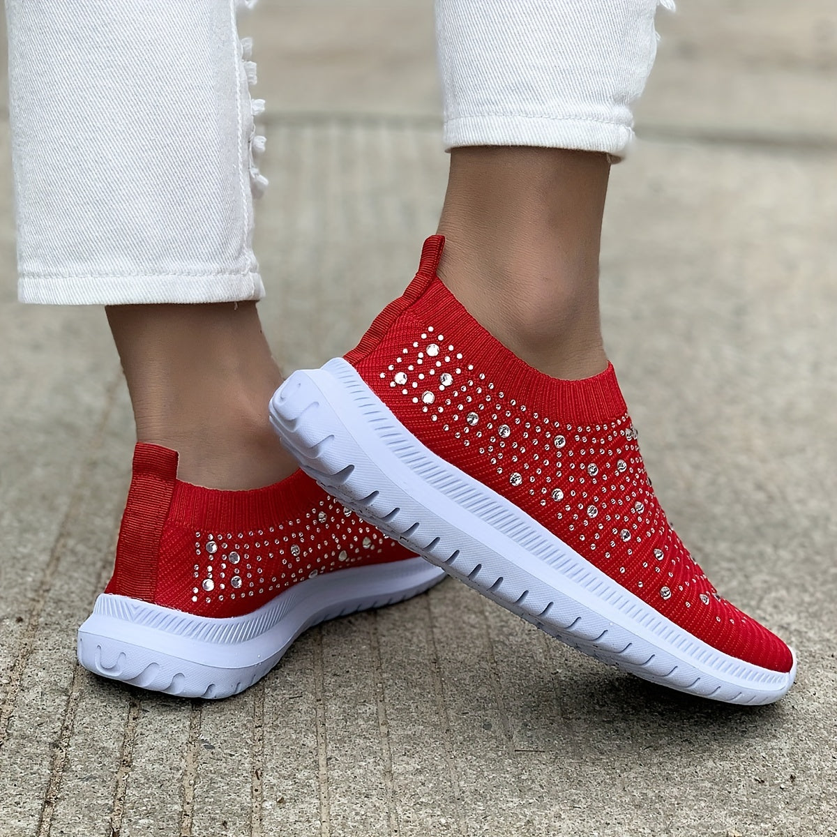 Women's Rhinestone Sock Shoes Low Top Slip On Flat Casual Walking Shoes