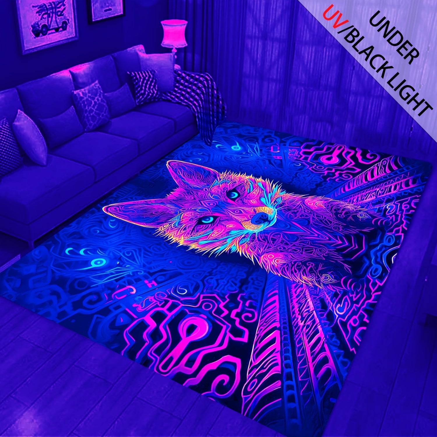 Fluorescent Pet Pattern Rug, UV Reactive, Non Slip Large Mat
