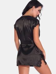 Lace Trim Night Robe V Neck Side Split Robe Women's Sleepwear