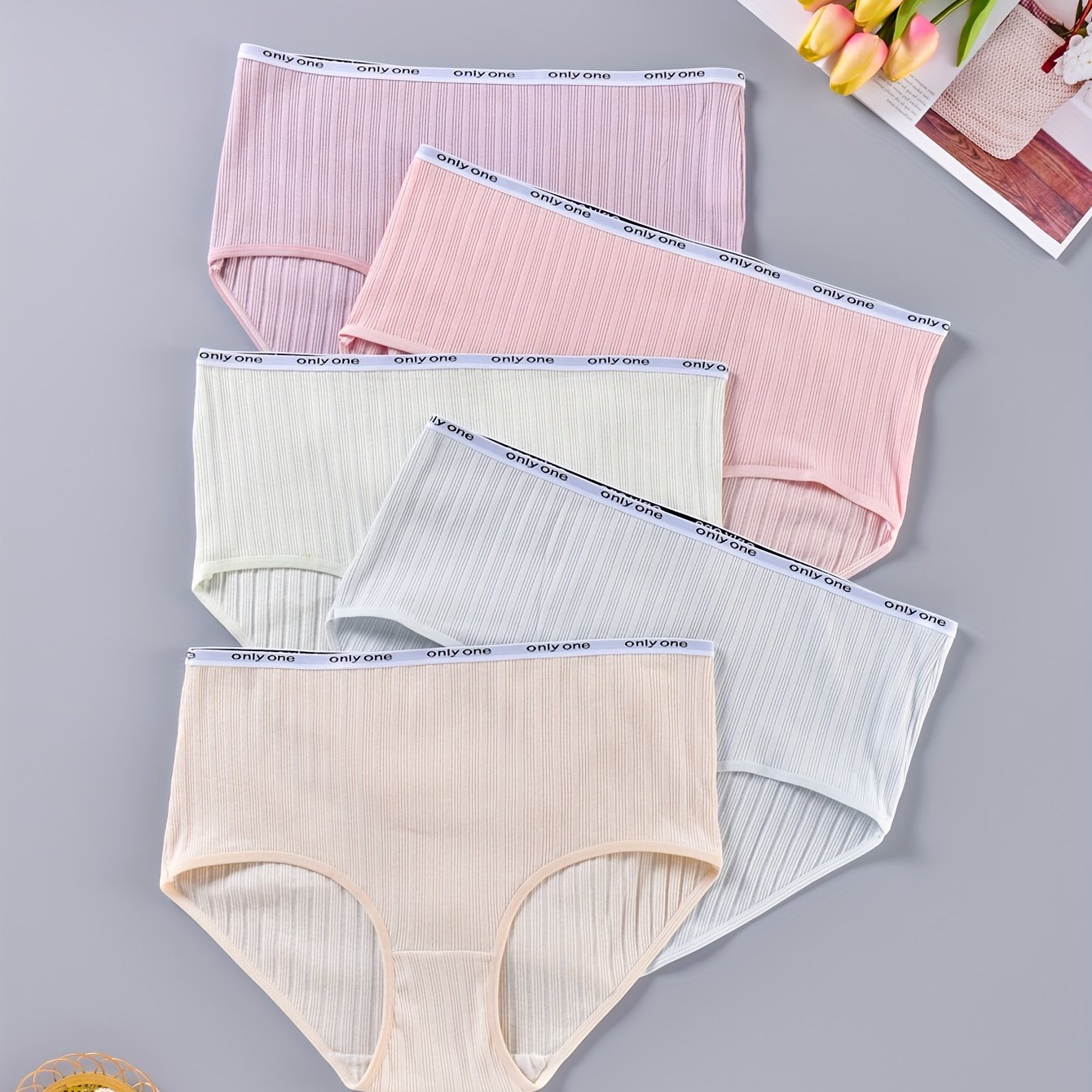 5 Pack Plus Size Panties Set Women's Plus Ribbed Letter Tape Trim Briefs