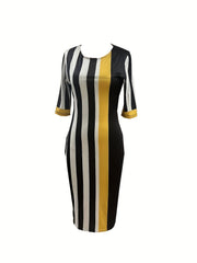 Striped Print Splicing 3/4 Sleeve Bodycon Dress Women's Clothing