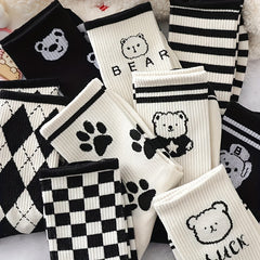 10 Pairs Women's Bear & Plaid Print Mid Tube Socks
