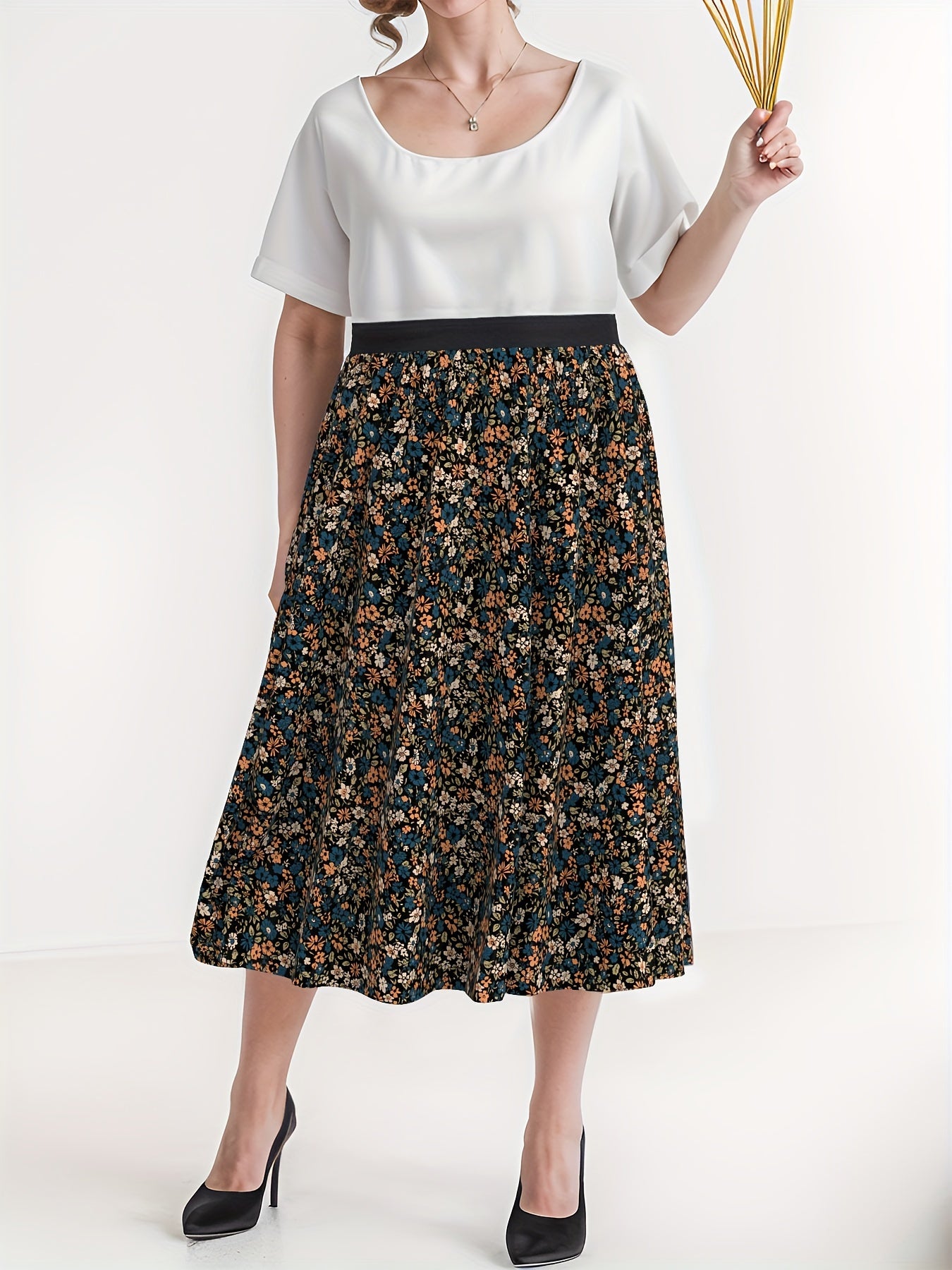 Women's Plus Ditsy Floral Print Maxi Skirt