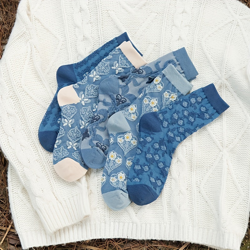 5 Pairs Floral Print Socks Ethnic Style Women's Stockings