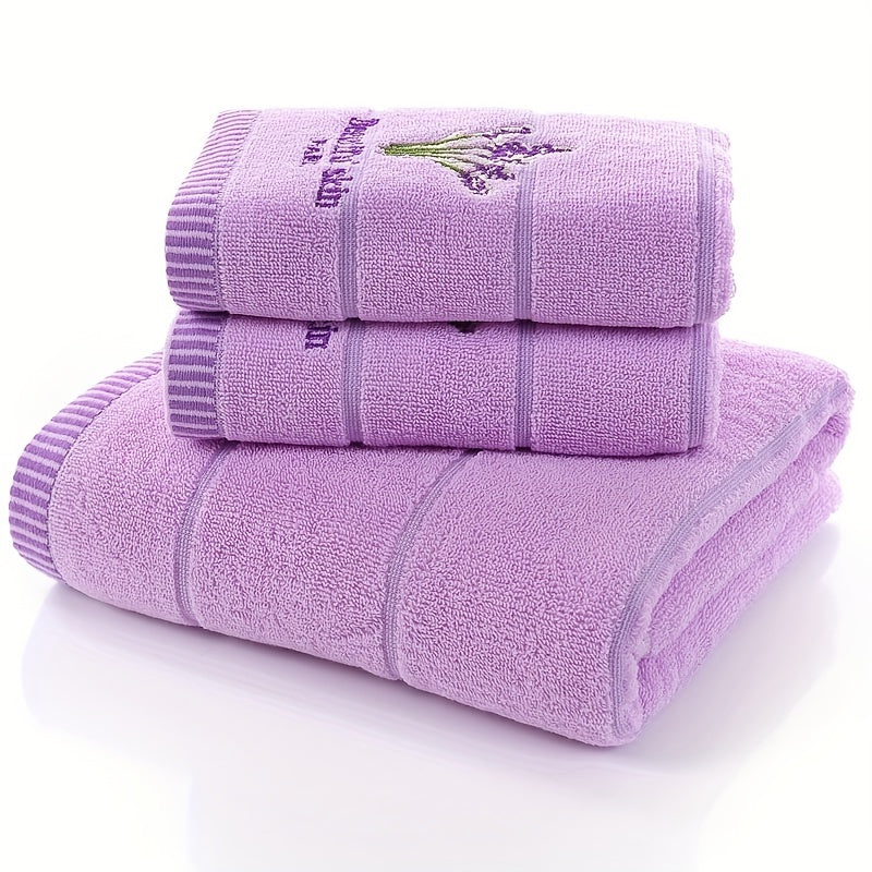 3pcs Lavender Pattern Towels Set - Bath Towel 70x140cm, 2 Face Towels 34x73cm