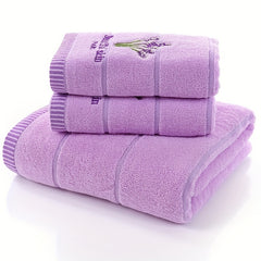 3pcs Lavender Pattern Towels Set - Bath Towel 70x140cm, 2 Face Towels 34x73cm