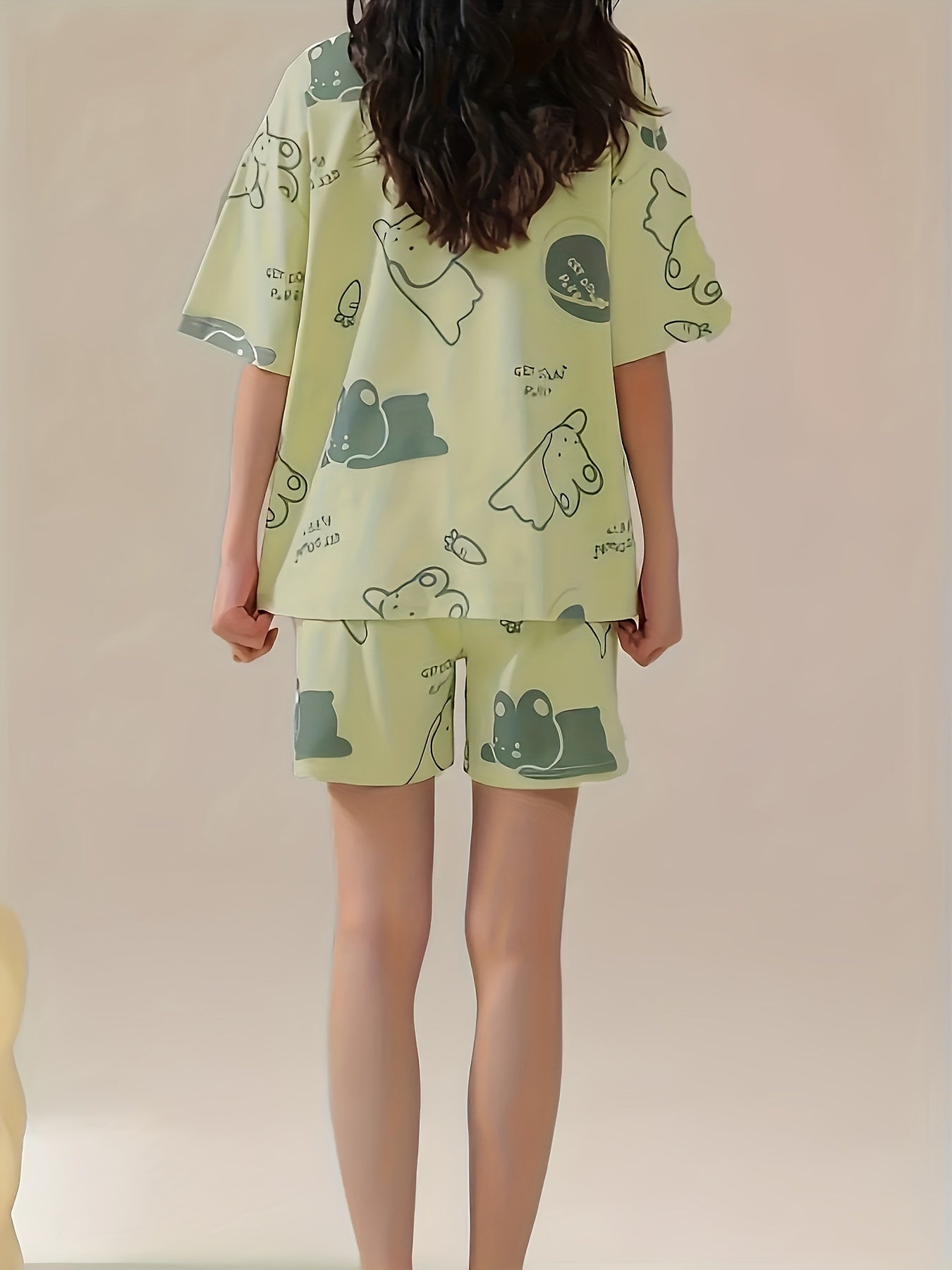 Bunny Print Pajama Set Short Sleeve Top & Shorts Women's Sleepwear