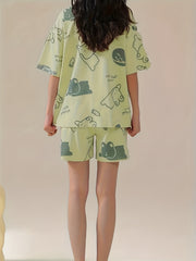 Bunny Print Pajama Set Short Sleeve Top & Shorts Women's Sleepwear