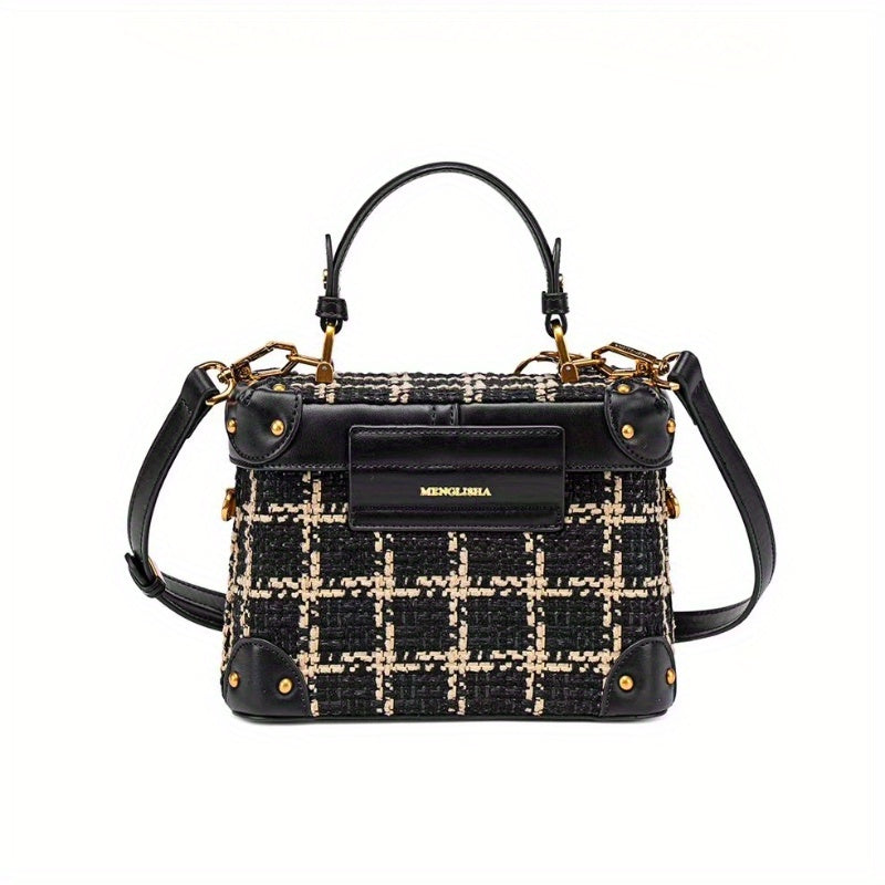 Vintage Plaid Leather Crossbody Bag Women Removable Strap Buckle Closure