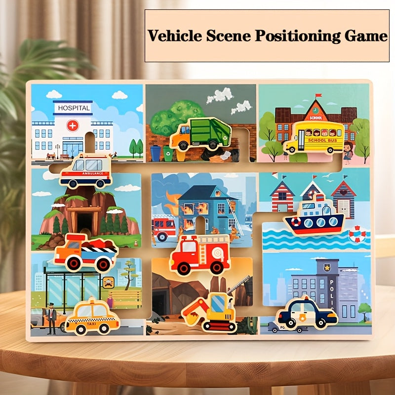 Educational Toy: Wood Track Game with Vehicles & City Scene for Toddlers