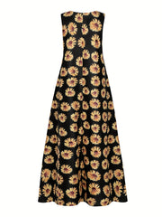 Sunflower Print Tank Dress Sleeveless Maxi A-line Notched Neck