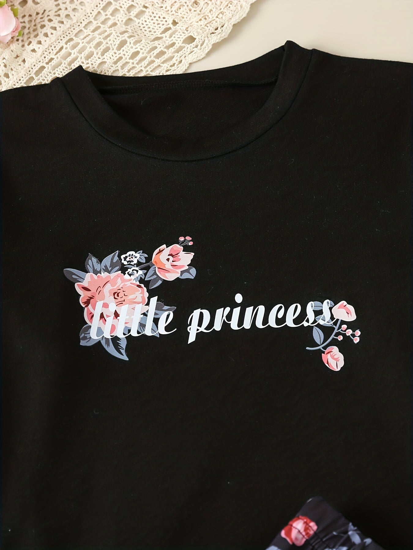 Girl's Floral Outfit 2pcs Set LITTLE PRINCESS Print Kid's Clothes