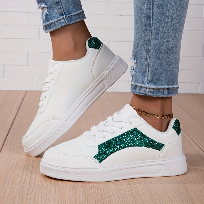 Glitter Faux Leather Skate Shoes Sequin Decor Non Slip Flat Sneakers