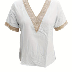 Lace Trim Splicing Blouse V Neck Short Sleeve Comfy Blouse