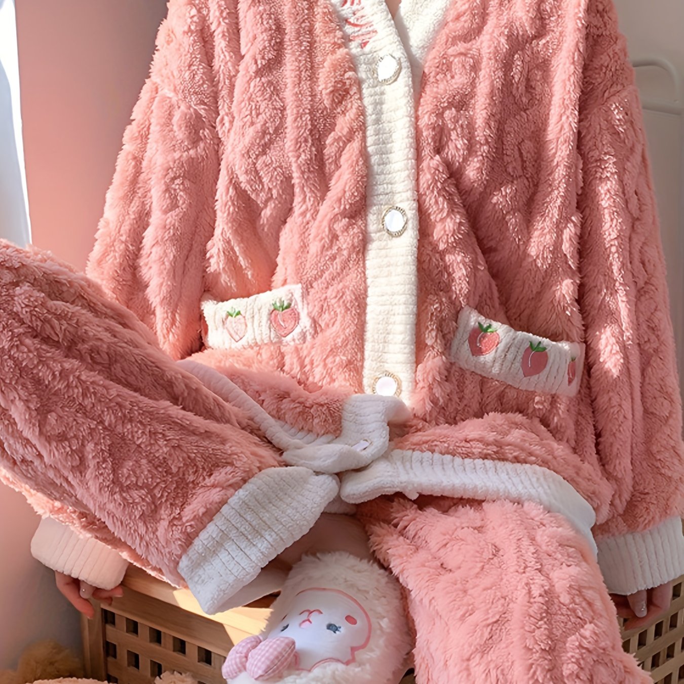 Strawberry Print Fuzzy Pajama Set Long Sleeve Top & Pants Women's Sleepwear