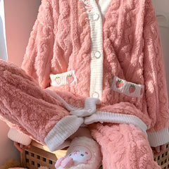 Strawberry Print Fuzzy Pajama Set Long Sleeve Top & Pants Women's Sleepwear