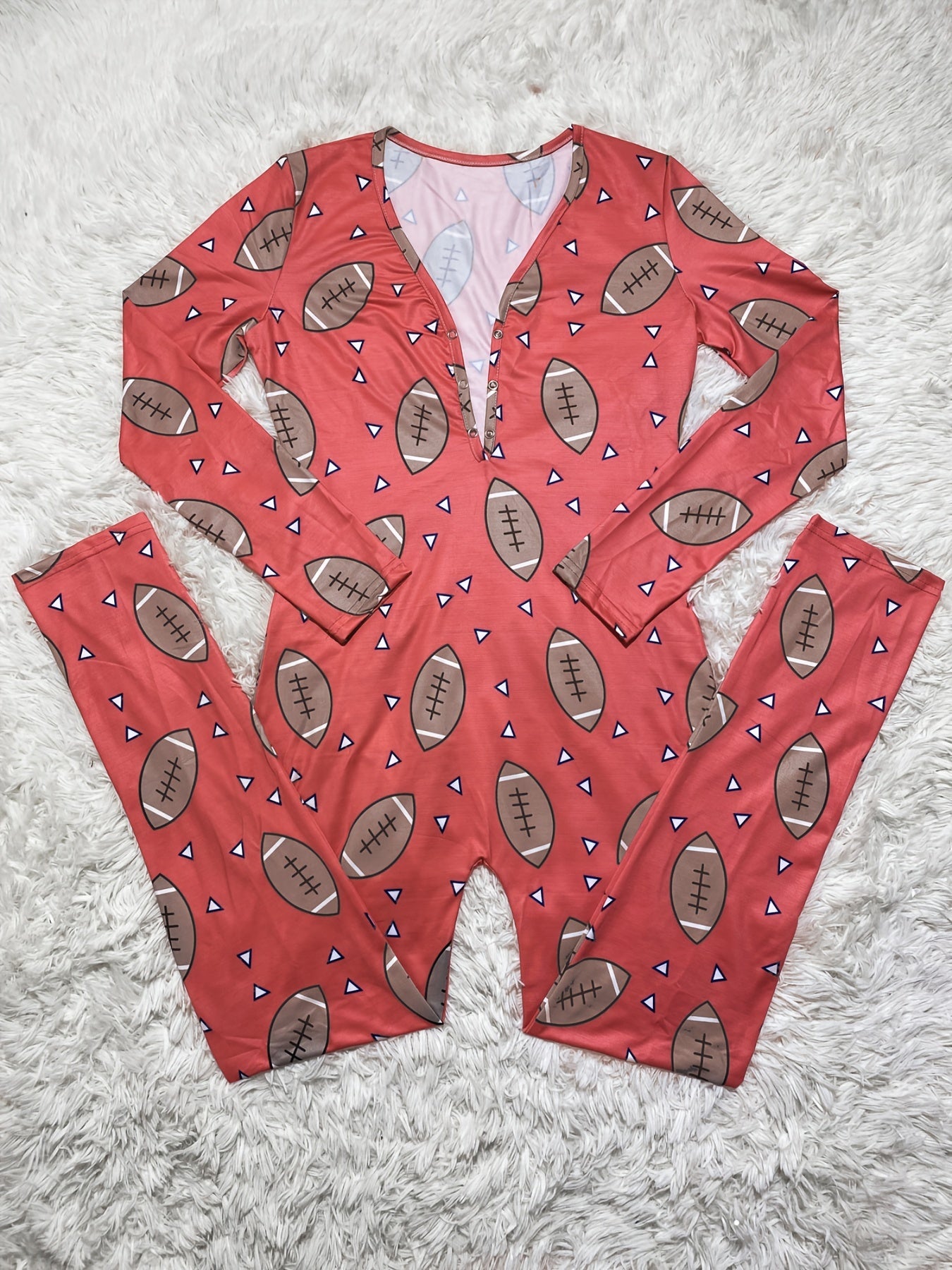 Rugby Print Lounge Jumpsuit Long Sleeve V Neck Buttons Jumpsuit