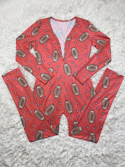 Rugby Print Lounge Jumpsuit Long Sleeve V Neck Buttons Jumpsuit