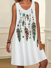 Casual Tank Dress Women's Plus Feather Print Round Neck Slight Stretch