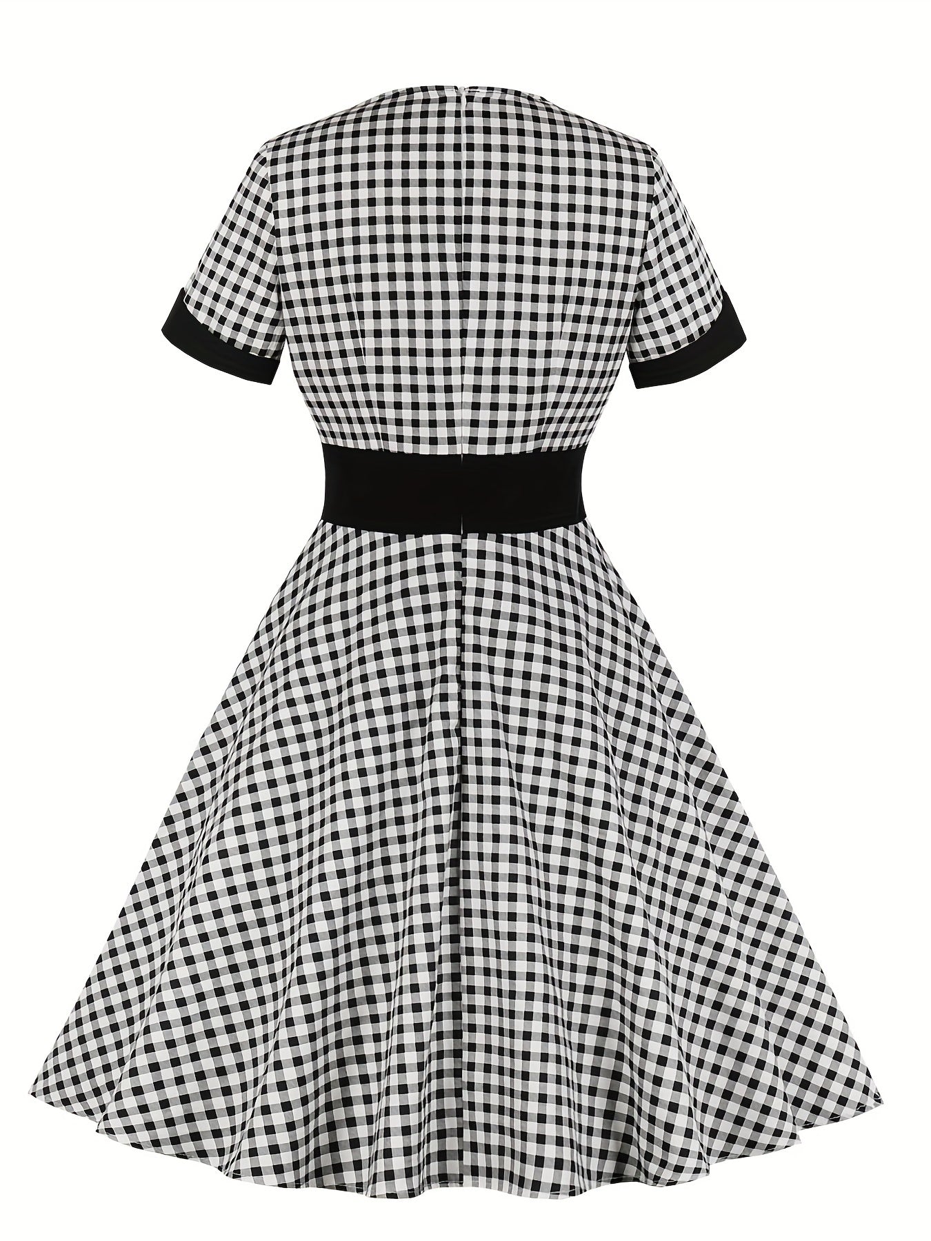Colorblock Gingham Print Sweetheart Neck A-line Dress