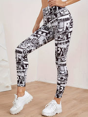 Vintage Style Printed Letter Sports Yoga Leggings Elastic Tight Pants