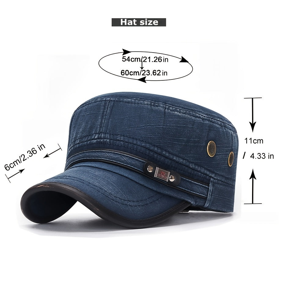 Slub Cotton Flat Cap With Leather Trim Military Baseball Cap