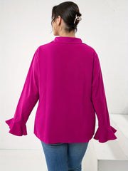 Casual Blouse Women's Plus Solid Ruffle Trim Button Up Bell Sleeve
