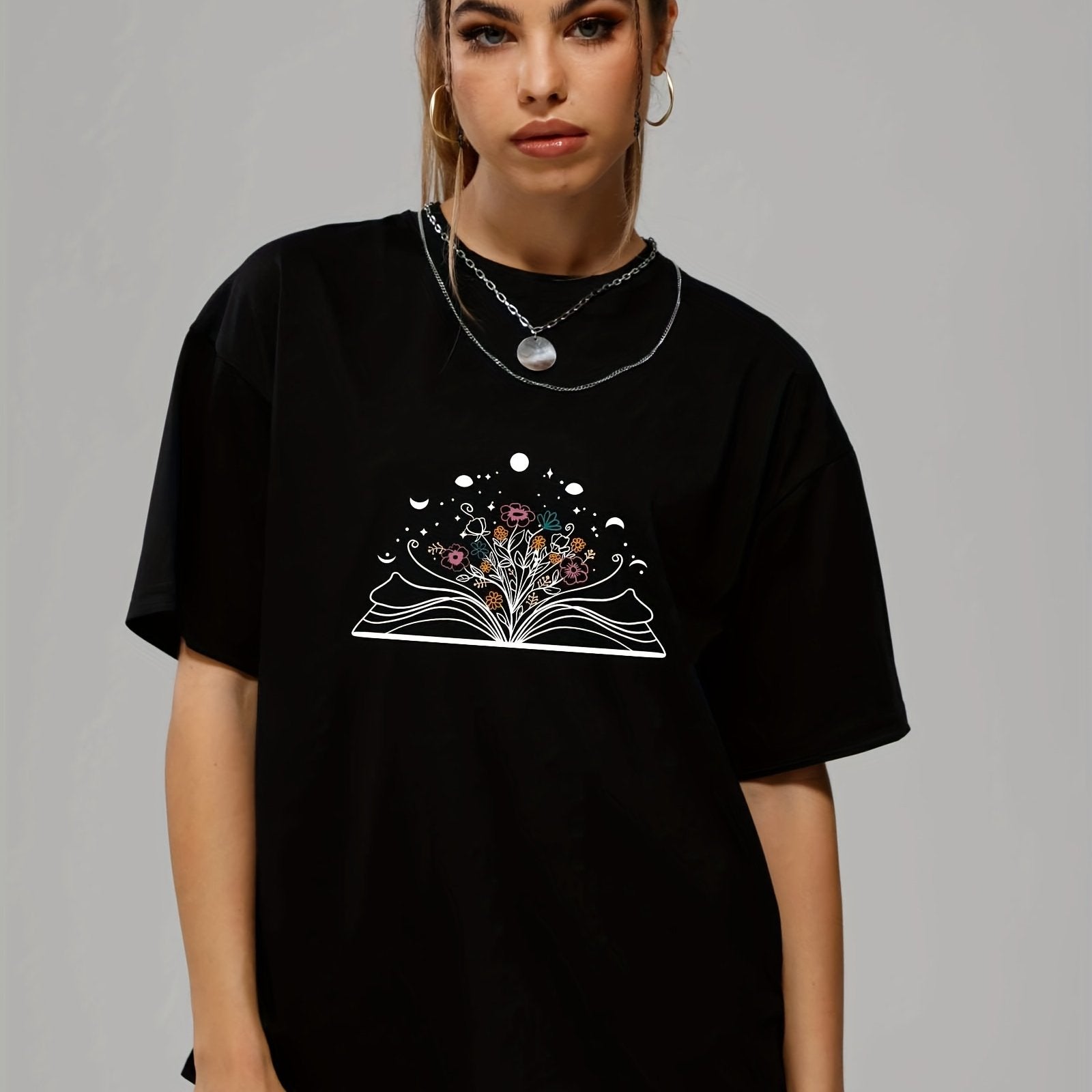 Book & Flower Print Summer Sports T-shirts for Women