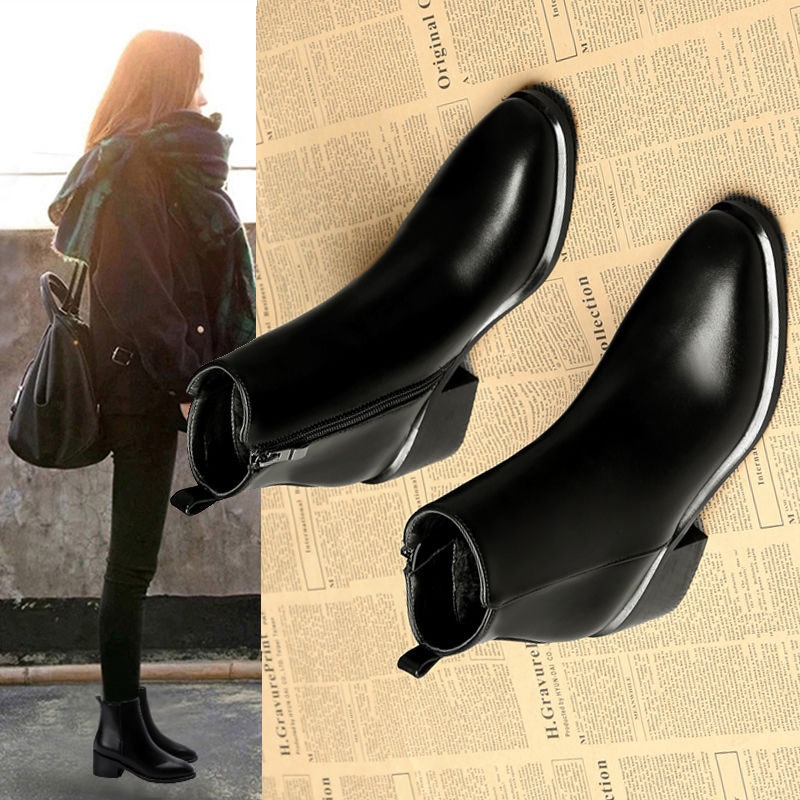 Women's Square Toe Low Heel Ankle Boots Side Zipper Block Heel Shoes